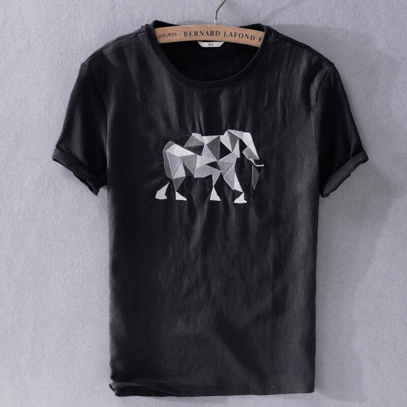 Camiseta de lino de manga corta para hombre con bordado de elefante
