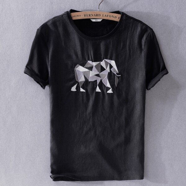 Camiseta de lino de manga corta para hombre con bordado de elefante