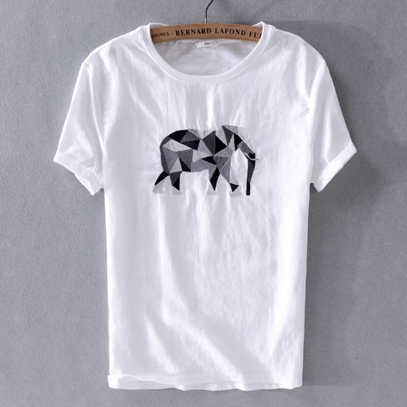 Camiseta de lino de manga corta para hombre con bordado de elefante